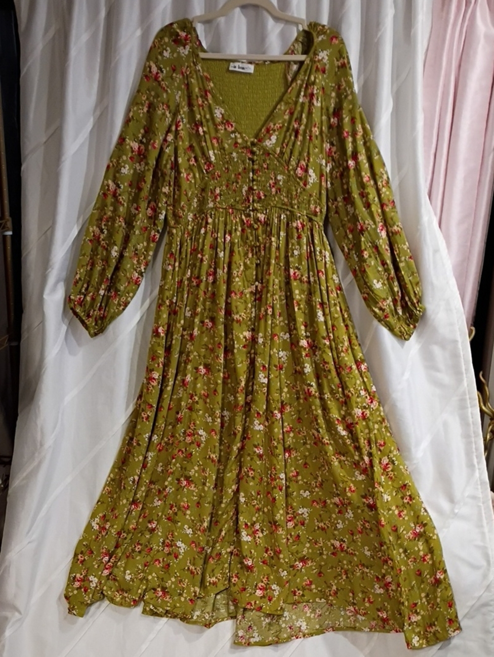 In Bloom Olive Green Floral Smocked Maxi Dress With pckets, Lined.  Size Large